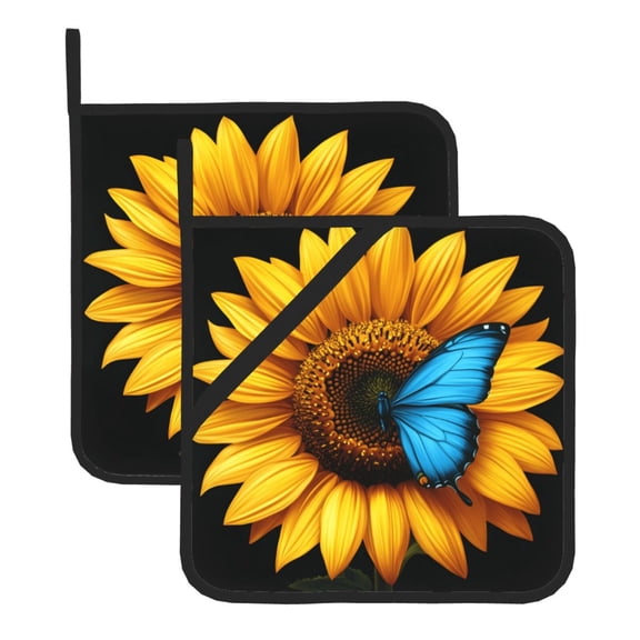 Square Pot Holders Sets 2 Pack, 8x8in Waterproof Heat Resistant Trivet Mats With Hanging Loop For Hot Dishes, Oven, Microwave, Bbq Sunflower Bule Butterfly