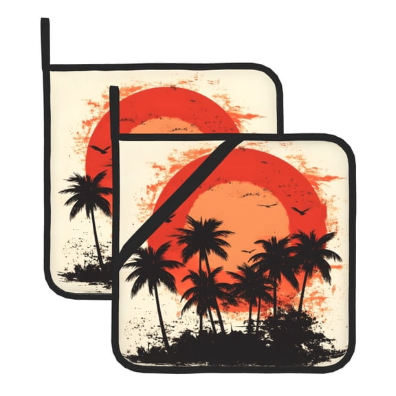 Square Pot Holders Sets 2 Pack, 8x8in Waterproof Heat Resistant Trivet Mats With Hanging Loop For Hot Dishes, Oven, Microwave, Bbq Tropical Palm Trees Sunset
