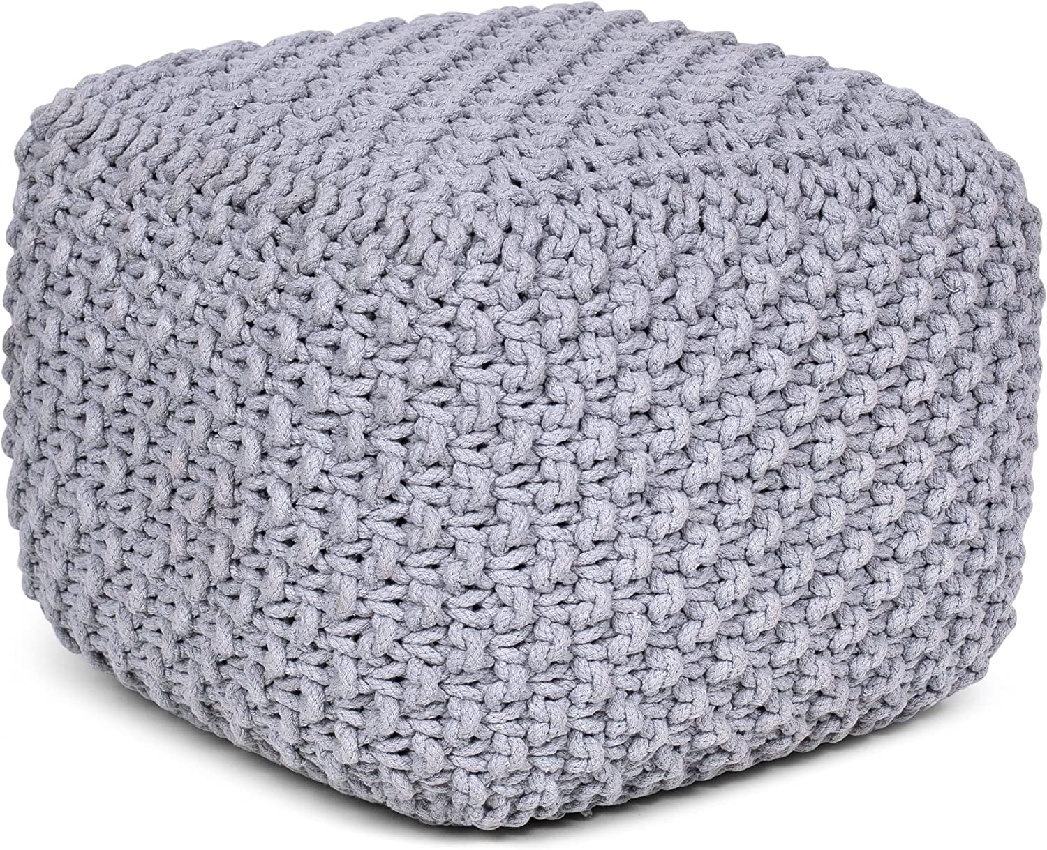 Gray Hand-Knitted Cotton Square Pouf Ottoman