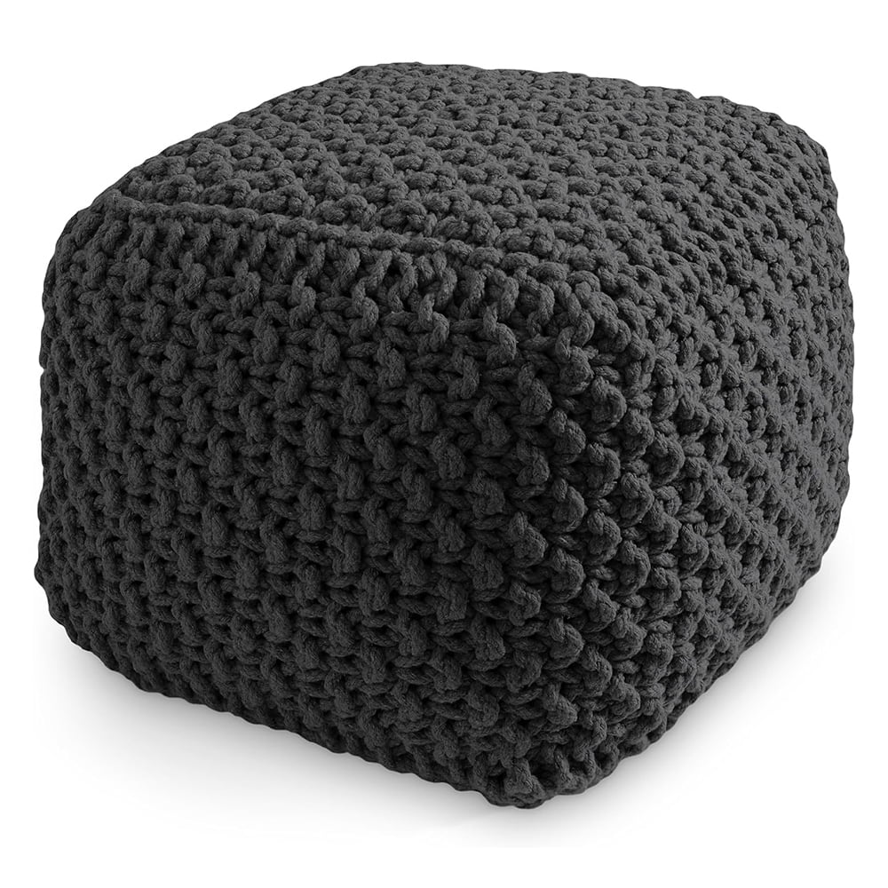 Black Hand-Knitted Cotton Square Pouf Ottoman