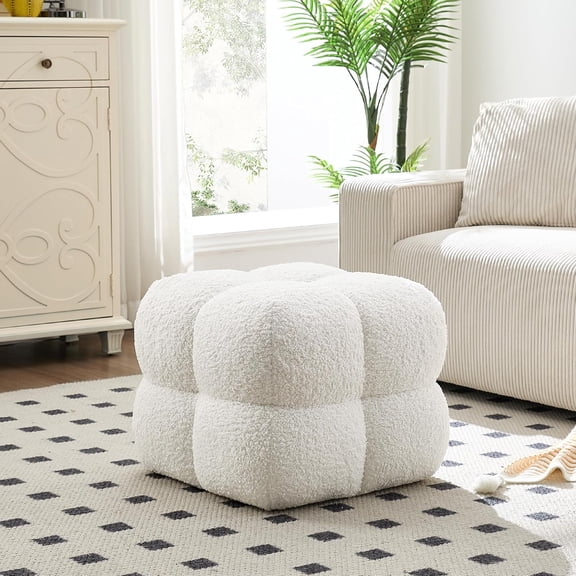 Square Pouf Ottoman, Boucle Tufted Ottoman Coffee Table for Living Room, Upholstered Foot Rest Pouf for Bedroom, Entryway, White