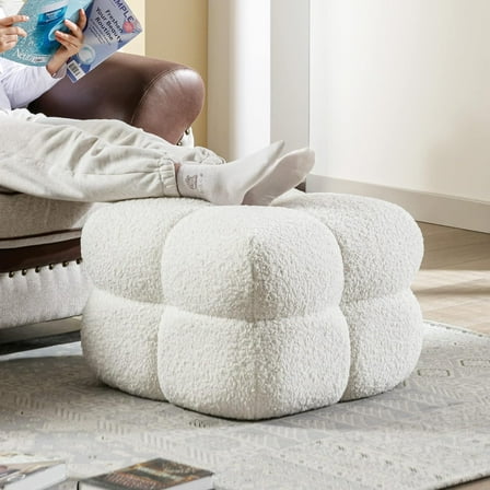 Square Pouf Ottoman, Boucle Tufted Ottoman Coffee Table for Living Room, Upholstered Foot Rest Pouf for Bedroom, Entryway, White