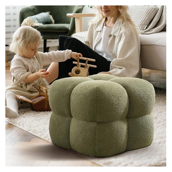 Square Pouf Ottoman Footstool, Modern Ottoman Coffee Table for Living Room, Poofy Boucle Stool Foot Rest, Upholstered Tufted Stool for Couch, Cube Vanity Chair Backless for Bedroom, Green