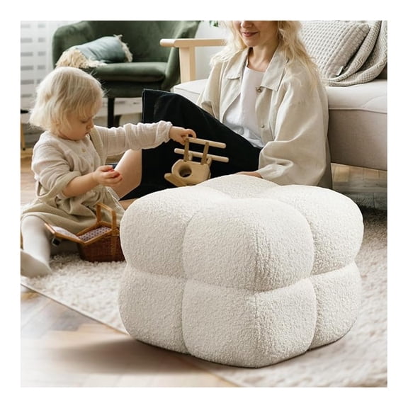 Square Pouf Ottoman, Modern Ottoman Coffee Table for Living Room, Fuzzy Couch Foot Rest, Upholstered Tufted Cube Stool for Couch, White