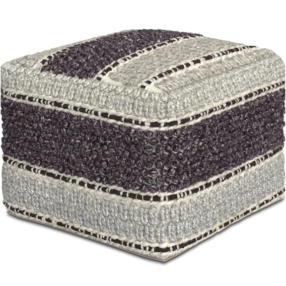 Square Pouf Ottoman with Handloom Woven Fabric, Dark Gray Accent Stool for Living Room, Foot Rest with Polystyrene Bead Filling