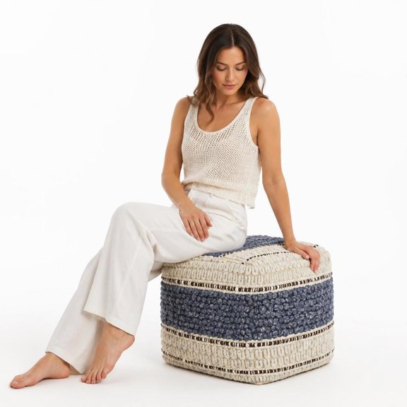 Square Pouf, handloom woven, blue and natural wool and cotton, 18 in x 18 in x 14 in, fully assembled