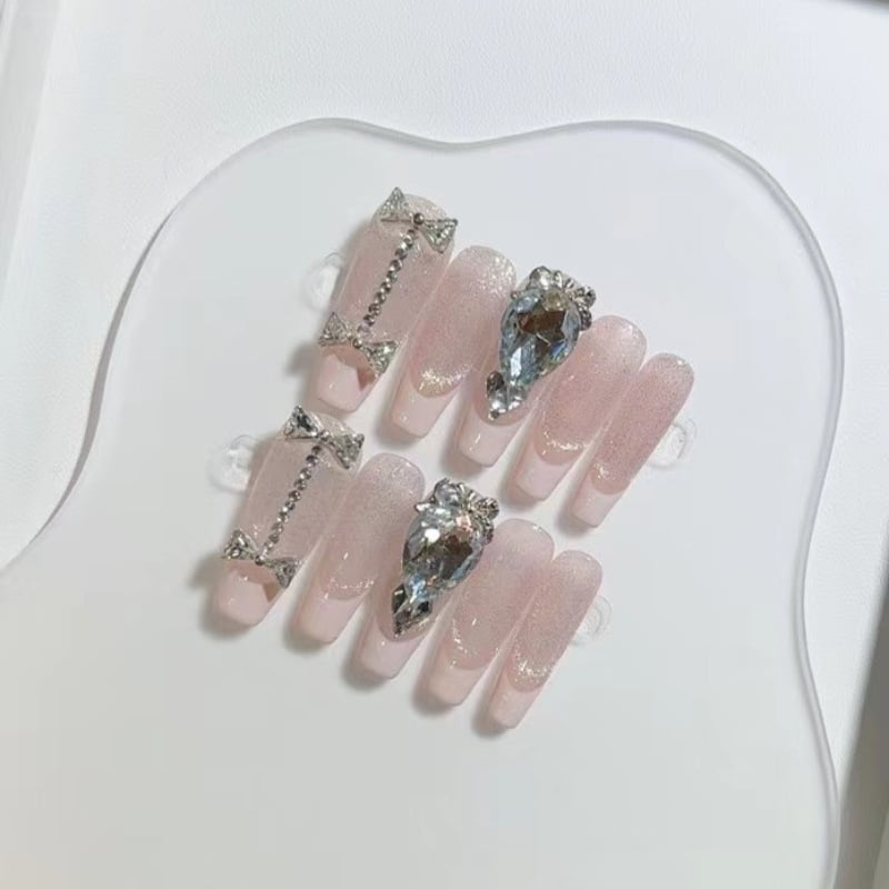 Square Press on Nails Medium Fake Nails Pink Glue on Nails Ballerina Rhinestones Acrylic Nails Handiwork 10Pcs Shiny Stick on Nails for Women and Girls