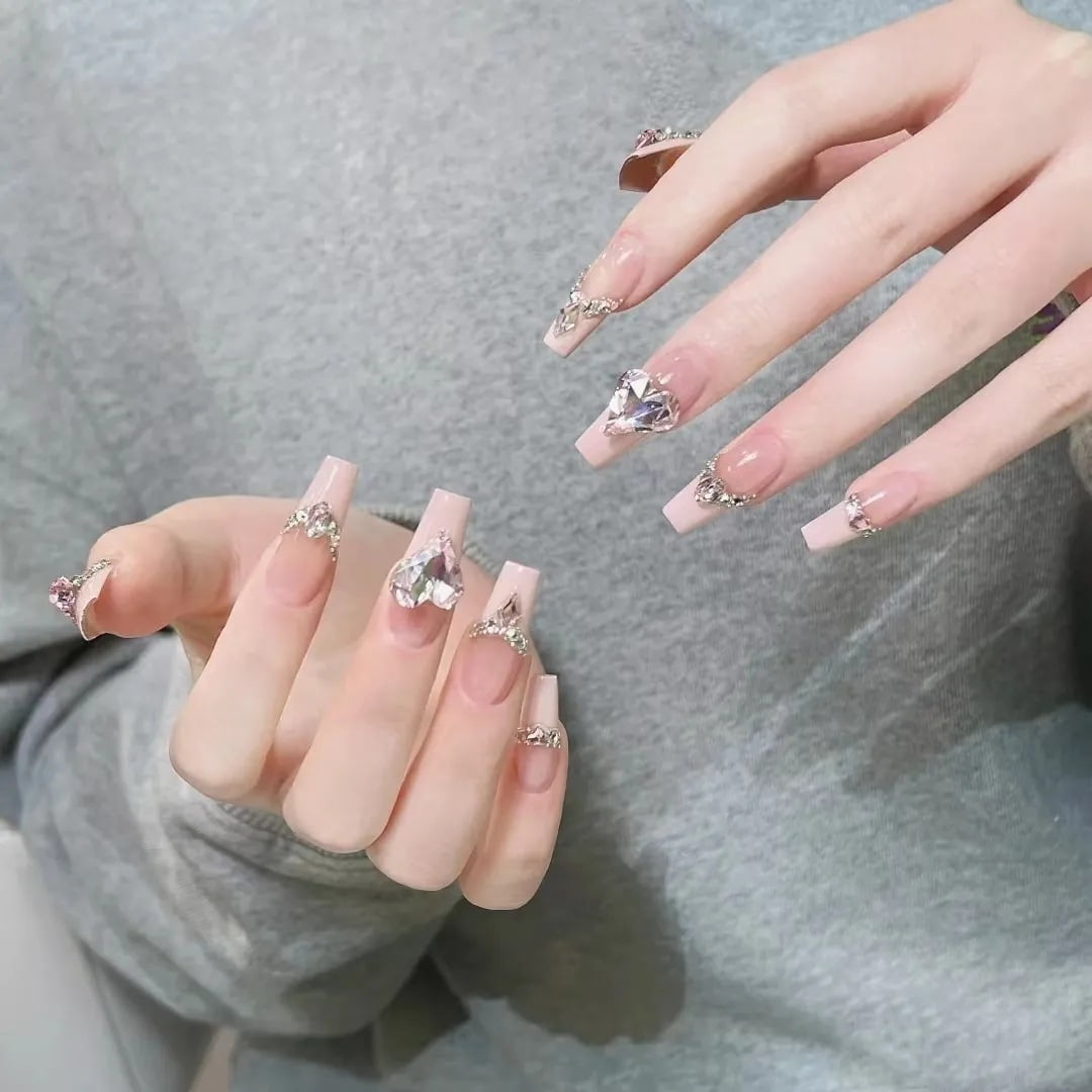 Square Press on Nails Medium Fake Nails Pink Glue on Nails Ballerina Rhinestones Acrylic Nails Handiwork 10Pcs Shiny Stick on Nails for Women and Girls