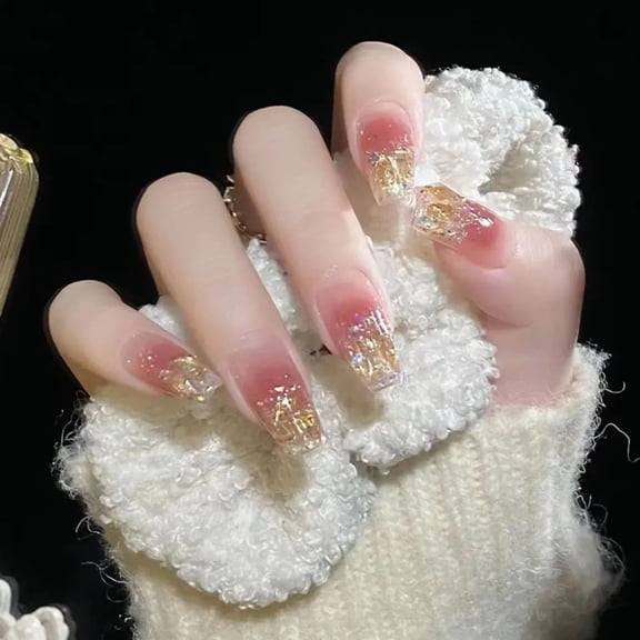 Square Press on Nails Medium Fake Nails Pink Glue on Nails Ballerina Rhinestones Acrylic Nails Handiwork 10Pcs Shiny Stick on Nails for Women and Girls