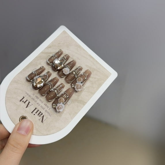 Square Press on Nails Medium Fake Nails Pink Glue on Nails Ballerina Rhinestones Acrylic Nails Handiwork 10Pcs Shiny Stick on Nails for Women and Girls