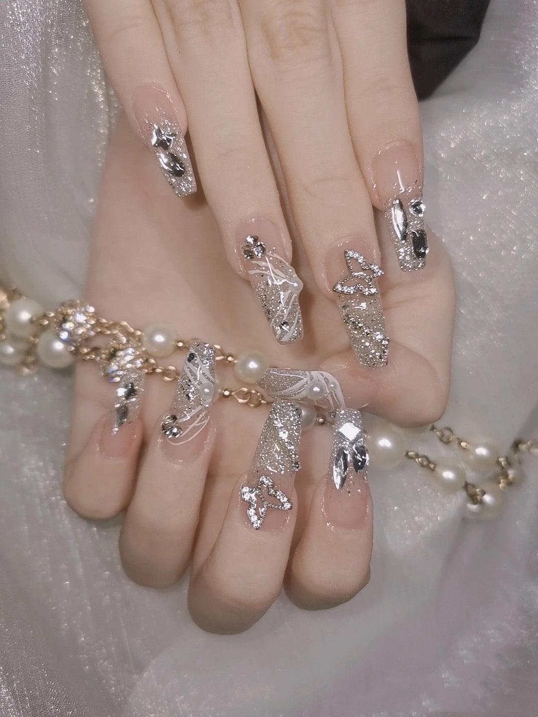 Square Press on Nails Medium Fake Nails Pink Glue on Nails Ballerina Rhinestones Acrylic Nails Handiwork 10Pcs Shiny Stick on Nails for Women and Girls