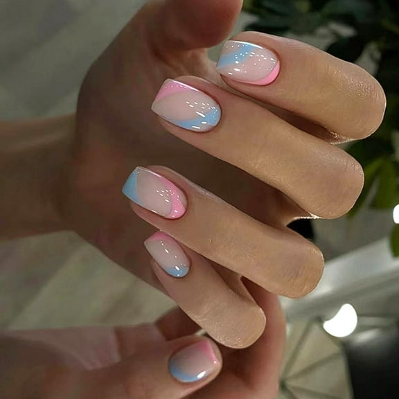 Square Press on Nails Medium Length Fake Nails Blue Pink Irregular Stripe False Nails Design Glossy Full Cover Stick on Nails Natural Glue on Nails Reusable Acrylic Artificial Nails for Women Blue