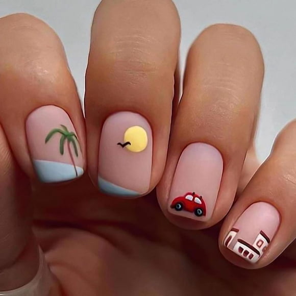 Square Press on Nails Short Fake Nails Beach Coconut House Car Seagull Pattern Design False Nails Summer Extra Short Matte Pink Stick on Nails for Women Girls 24 PCs Set Style 13 24 Fl Oz (Pack of 1)