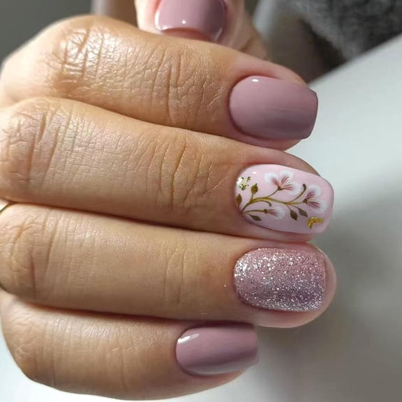 Square Press on Nails Short Fake Nails with Flower Design False Nails Press ons Milky White Full Cover Glue on Nails Glossy Stick on Nails for Women 24Pcs Milky White Flowers Leaves Gold Glitter
