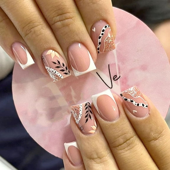 Square Press on Nails Short Fake Nails with Flower Design False Nails Press ons Milky White Full Cover Glue on Nails Glossy Stick on Nails for Women 24Pcs Milky White White Frech Gold Glitter Leaves