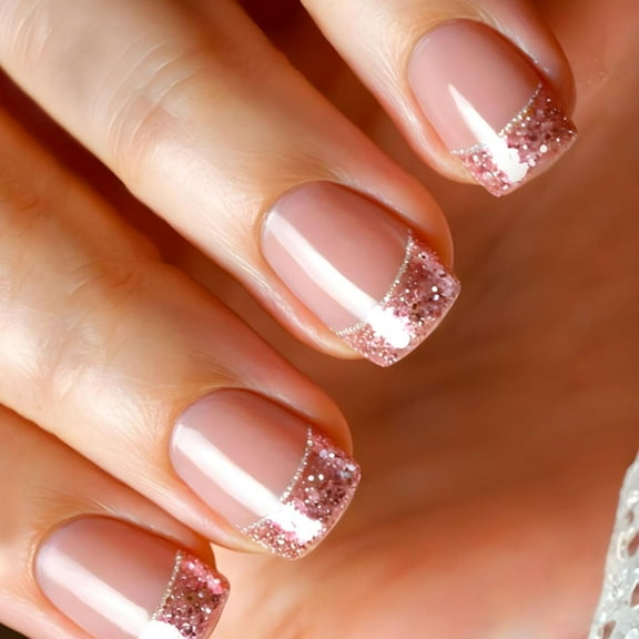 Square Press on Nails Short Fake Nails with Flower Design False Nails Press ons Milky White Full Cover Glue on Nails Glossy Stick on Nails for Women 24Pcs Milky White French Pink Glitter Sequins