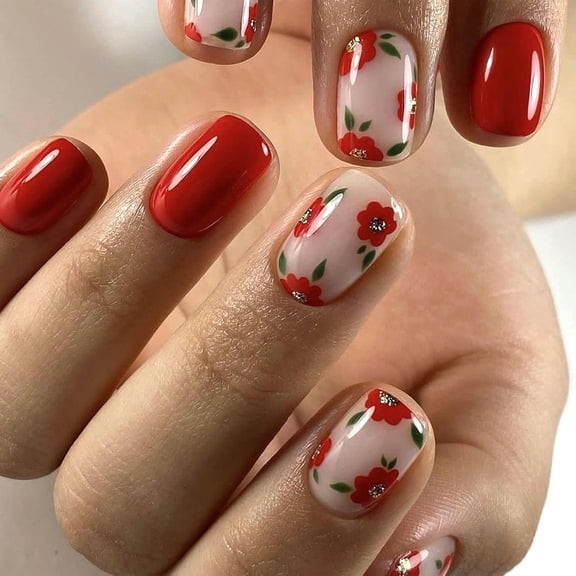 Square Press on Nails Short Fake Nails with Flower Design False Nails Press ons Milky White Full Cover Glue on Nails Glossy Stick on Nails for Women 24Pcs Milky White Flower Leaf