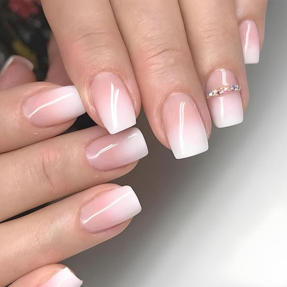 Square Press on Nails Short Fake Nails Press ons with Gradient Rhinestones Designs Pink Withe Full Cover Acrylic Glue on Nails Simple False Nails for Women 24 Pcs Gradient Rhinestones 24 Fl Oz (Pack