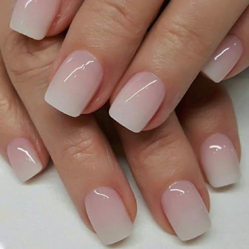 Square Press on Nails Short French Fake Nails Pink Gradient Stick on Nails Cute Petite Acrylic False Nails with Designs Glossy Artificial Nails Reusable Glue on Nails for Women Girls
