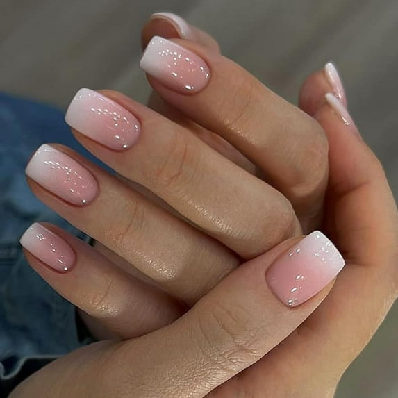 Square Press on Nails Short, Gradient Pink White Press on Nails Short Fake Nails French False Nail Tips Full Cover Glue on Nails for Women Girls Nail Art Decorations, 24Pcs 3 24 Fl Oz (Pack of
