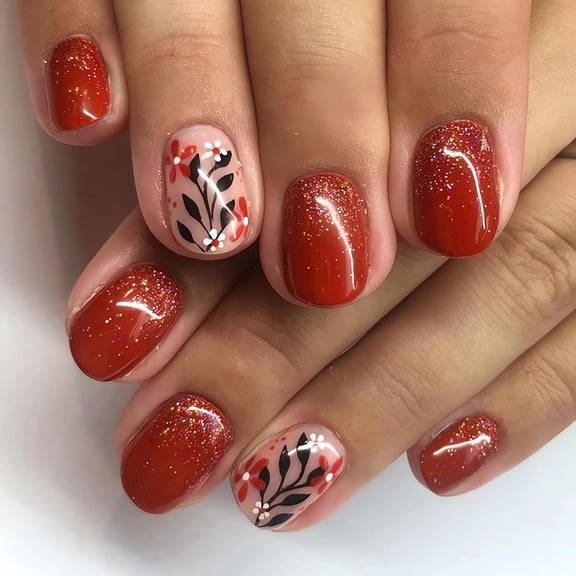 Square Press on Nails Short, Red Fall Fake Nails Square Shape Acrylic False Nails with Black Leaf Designs, Glossy Full Cover Artificial Nails Short Autumn Winter Stick on Nails for Women, 24 Pcs