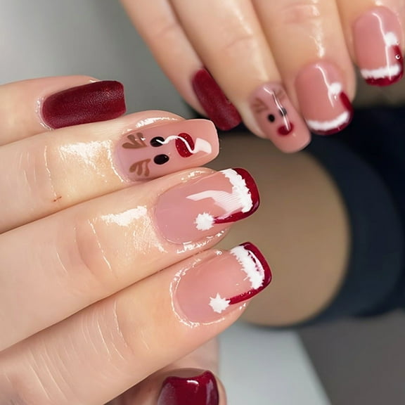 Square Press On False Nails French Santa's Hat Nail Art Decoration Christmas Elk Manciure for Women and Girls 24pcs