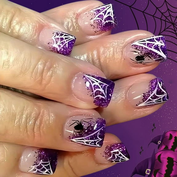 Square Press On Nails With Gold Spiderweb Detachable Artificial Nails For Halloween Cosplay Cobweb Design