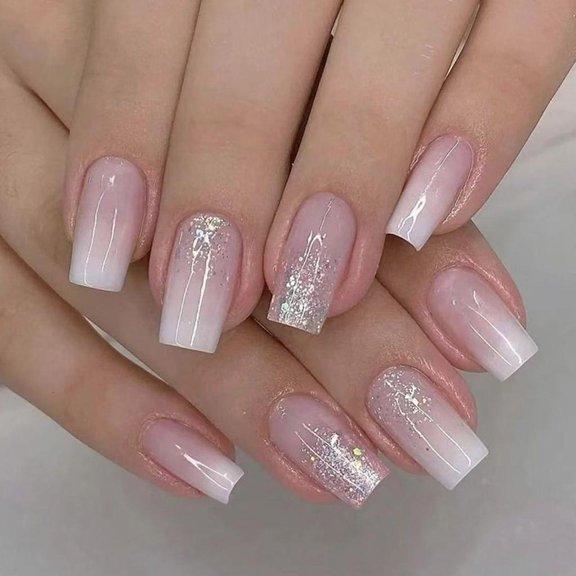 Square Press on Nail French Tip Fake Nail Glues on Nail Glitters Artificial Nail