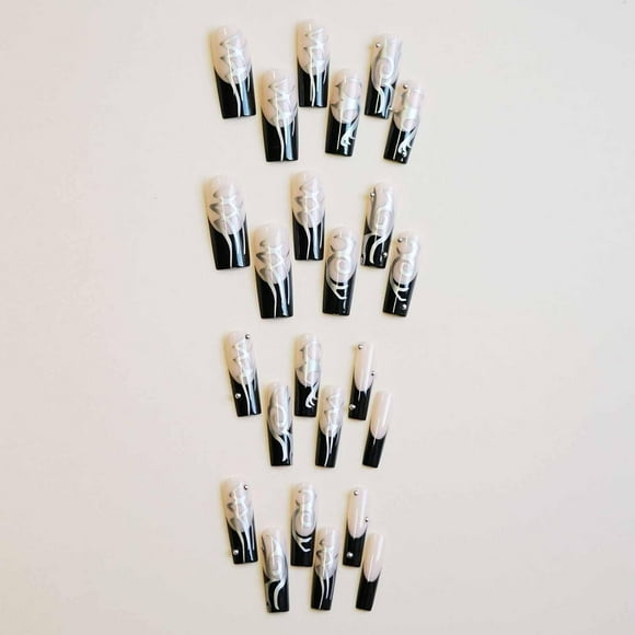 Square Press on Nails Long Glossy Fake Nails Black French Tips Gel False Nails with Silver Line Designs Full Cover Glue on Nails 24PCS