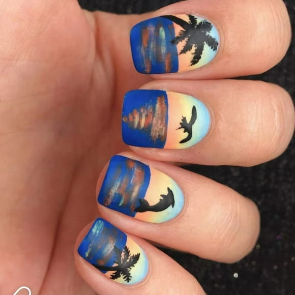 Square Press on Nails Sea Mew Fake Nails Stick on Nails in 12 Sizes,24Pcs French Nails Tips for Nails Art Decorations