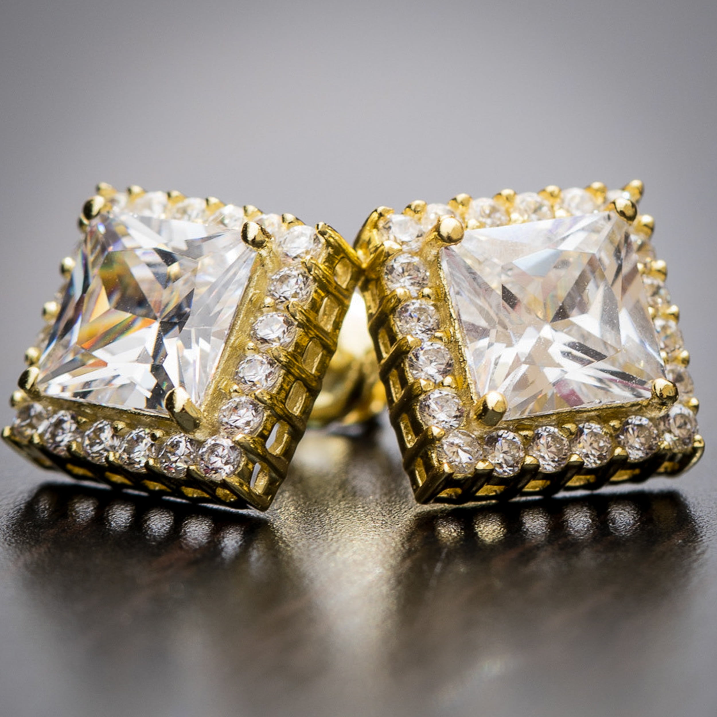 Square Princess Cut Cz 14k Gold Plated 925 Sterling Silver Unisex Stud Screw Back Earrings