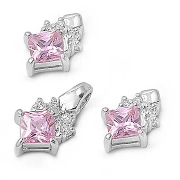 Square Princess Cut Earrings Pink Cubic Zirconia .925 Sterling Silver Pendant Set Jewelry Female