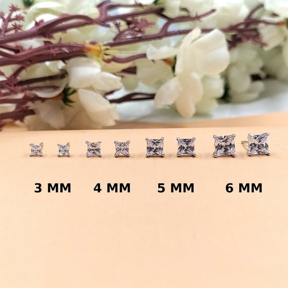 Square Princess cut Diamond White Cubic Zirconia Stud Earrings Solitaire Stud Minimalist Handmade Gift Studs with Pushback 925 Silver