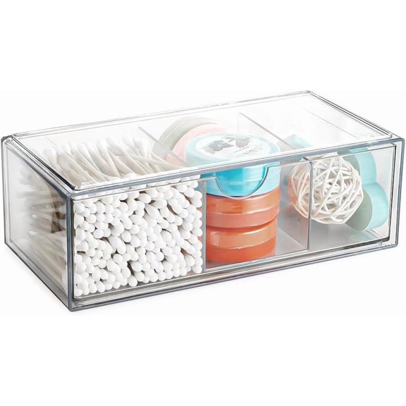 Square Qtip Holder Dispenser with 3 Compartments, Acrylic Lid, Transparent Stackable Drawer Organizer for Bathroom Bedroom
