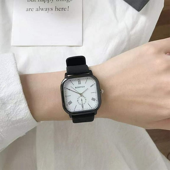 Square Quartz Watch with Minimalist Design, Black and White Leather Strap, Ideal for Men and Women