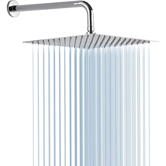 Square Rain Shower Head, High Pressure Rainfall Showerhead, Large Fixed Premium Stainless Steel Polished Chrome Shower Rain, 12 Inch Rainhead and 15 Inch Extension Arm