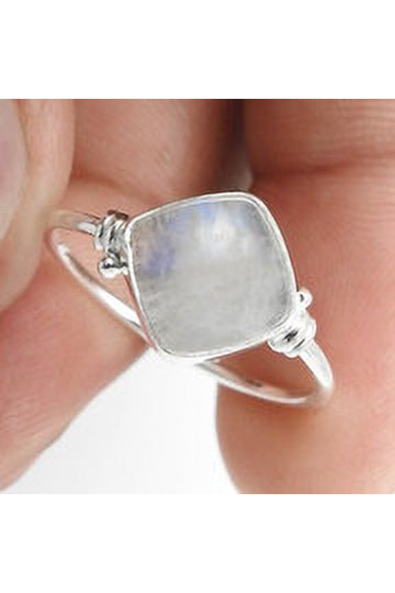 Square Rainbow Moonstone Stone 925 Sterling Silver Boho Band Ring Jewelry US 7.5