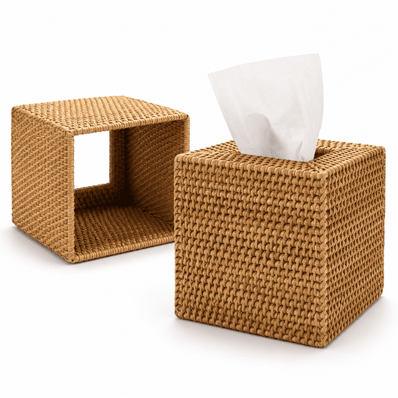 Square Rattan Tissue Box Cover Hand Woven Wicker Tissue Holder 5.7X5.7X5.7 In
