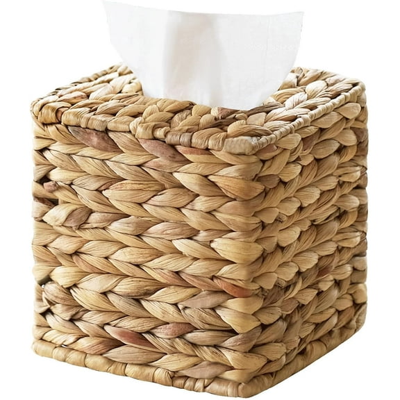 Square Rattan Tissue Box Cover, Wicker Tissue Box Holder Facial Tissues Box, Hand Woven Square Tissue Box Cover Tissue Holder for Bathroom Toilet Living Room Kitchen Office Table Desk, Natural