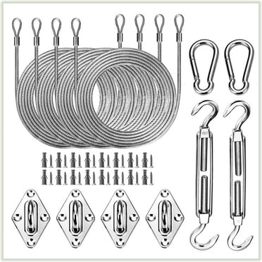 Square & Rectangle Sun Shade Sail Canopy Awning Installation 24 PC Hardware Kits, 48 Ft (12 Ft x 4) Cable Wire Ropes