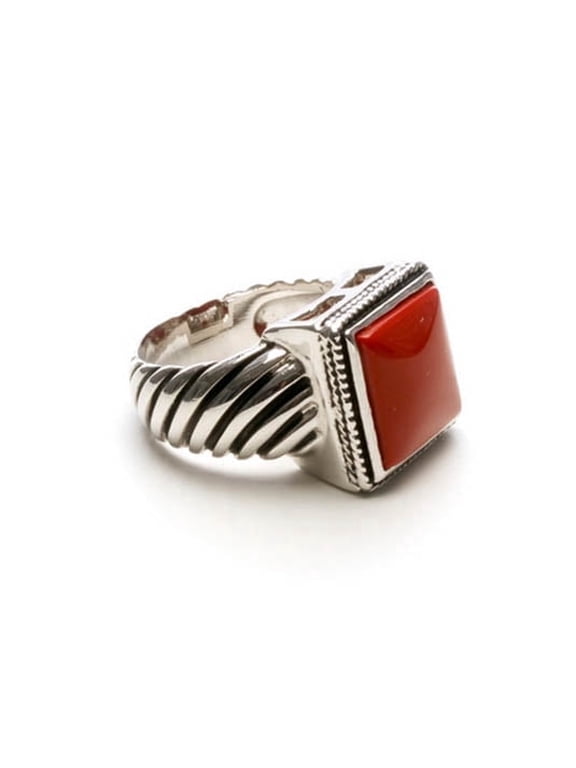 Square Red Stone Statement Ring with Textured Band, Size 7 Jewelry Ring Silver