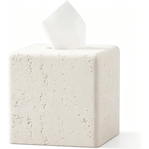 Square Resin Tissue Box Cover in Off-White Travertine Finish