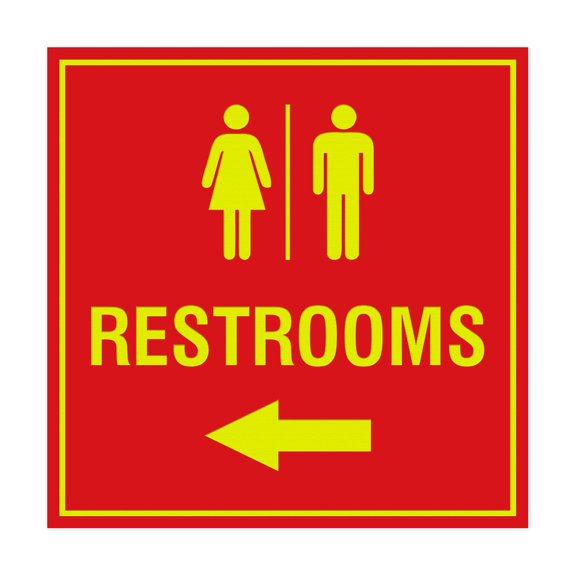 Square Restrooms left arrow Sign (Red/Yellow) - Small
