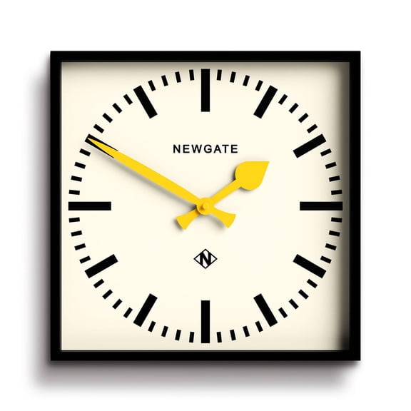 Square Retro Wall Clock with Yellow Hands | 16 Inch Mid-Century Modern