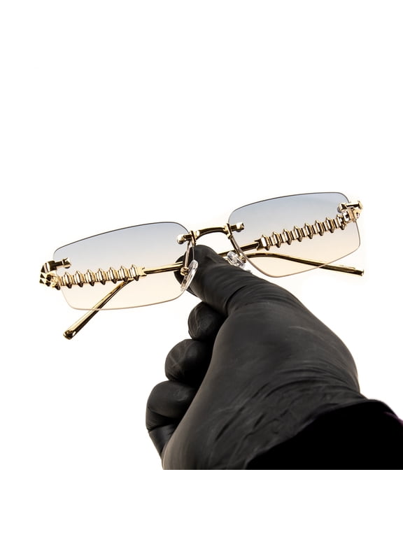 Square Rimless Cool Gray Tan Gradient Tint Unisex Sun Glasses Men's Women's Retro Hip Hop Grey Brown Spike Gold Wire Frame Rectangle Frameless Shades Sunglasses