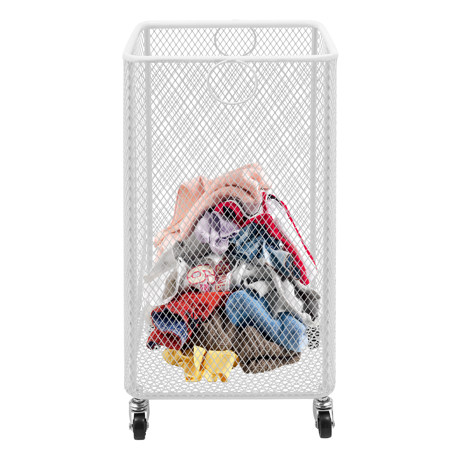 Square Rolling Laundry Basket, White Iron Dirty Clothes Hamper with Wheels, Moisture-Proof Storage Cart for Bathroom Bedroom