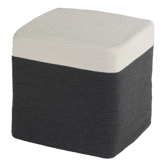 Square Rope Pouf Ottoman With Two-Tone Grey And Cream Woven Design