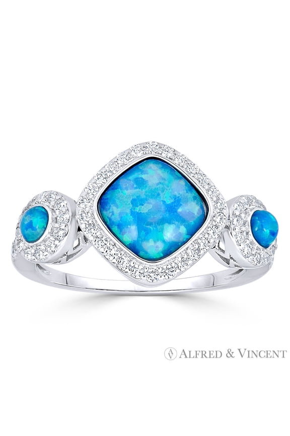 Square & Round Cabochon Synthetic Opal & Round CZ Crystal Right-Hand Ring in .925 Sterling Silver w/ Rhodium