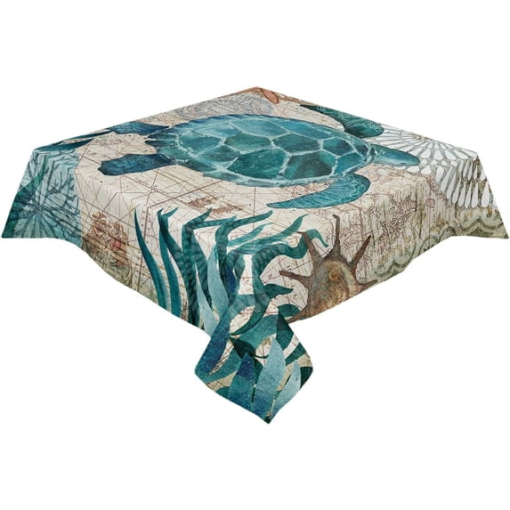 Square/Round Tablecloth 54x54inch, Sea Turtle, Vinyl Table Covers Waterproof Oilcloth Table Cloth Linens, Farmhouse Tablecloths for Outdoor Dining Wedding Party Camping, Ocean Animal Watercolor