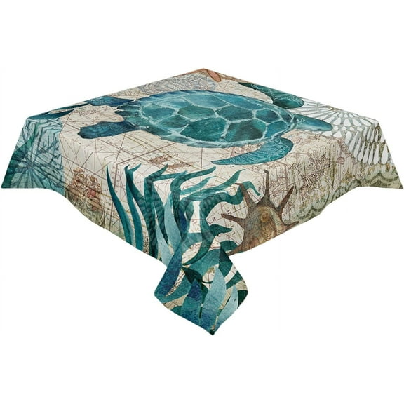 Square/Round Tablecloth 60x60inch, Sea Turtle, Vinyl Table Covers Waterproof Oilcloth Table Cloth Linens, Farmhouse Tablecloths for Outdoor Dining Wedding Party Camping, Ocean Animal Watercolor